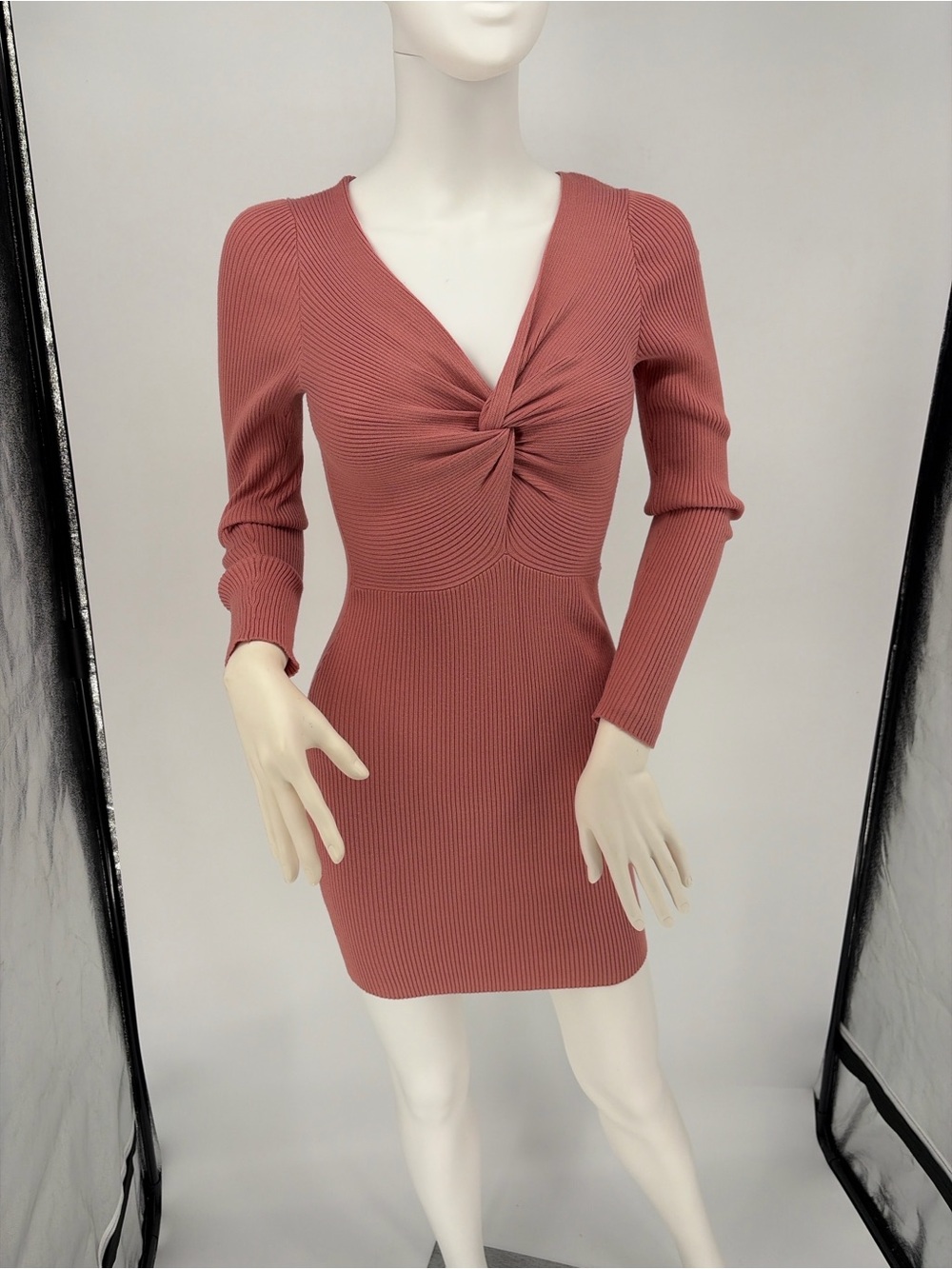 Twist-Front Ribbed Long-Sleeve Mini Dress in Dusty Rose